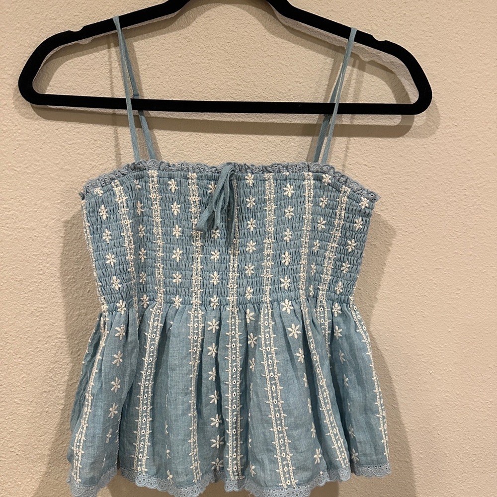 Embroidered Blue Smocked Top